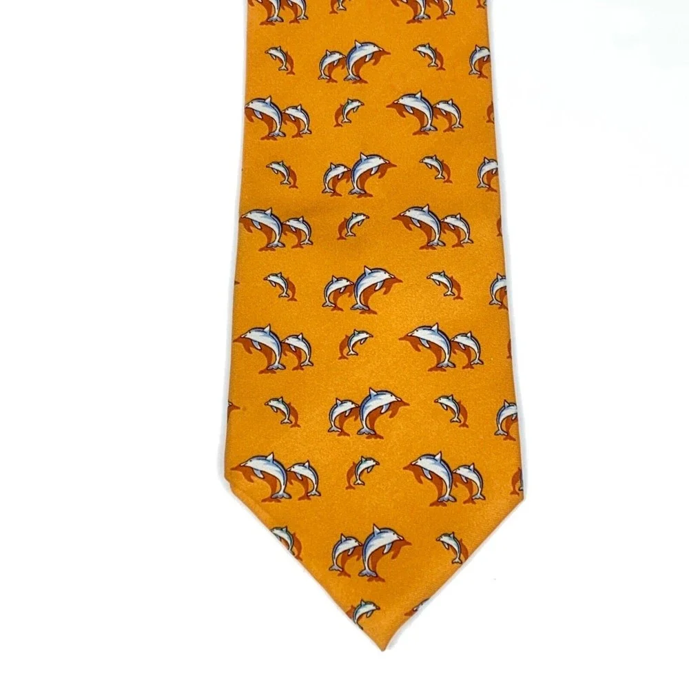 TANGO Tie Orange All Silk Marine Animal Dolphins Men's Necktie Made in Korea 58